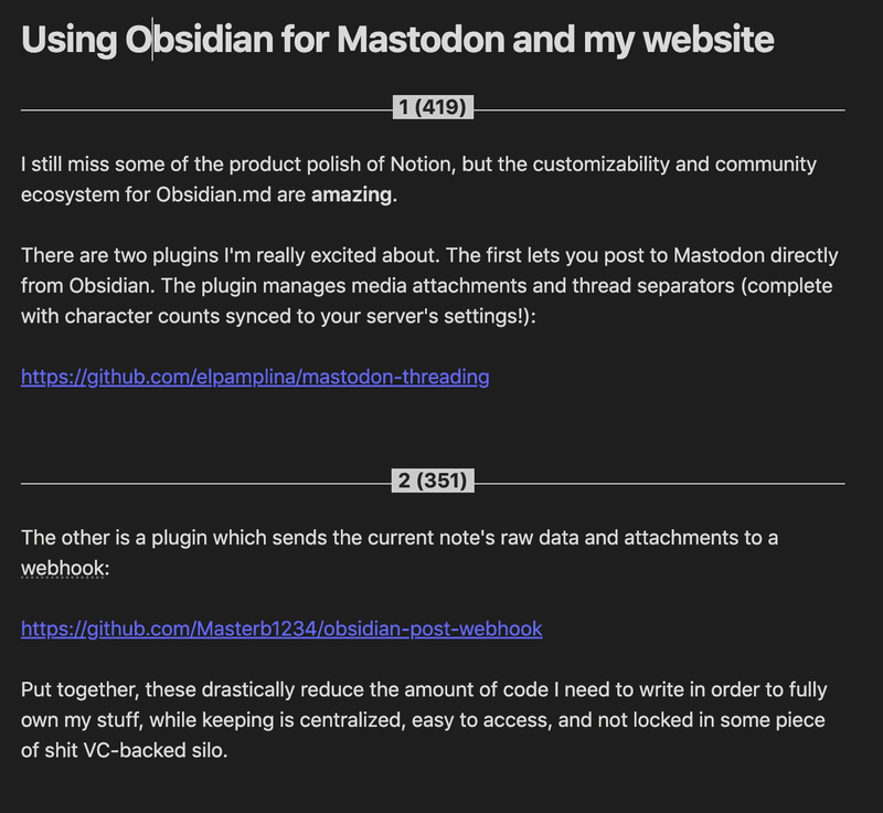 using obsidian for mastodon and my website screenshot of obsidian mastodon post